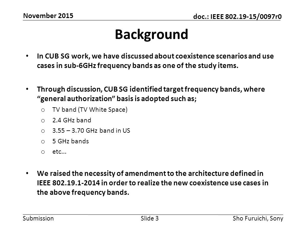 Submission doc.: IEEE /0097r0 Background In CUB SG work, we have discussed about coexistence scenarios and use cases in sub-6GHz frequency bands as one of the study items.