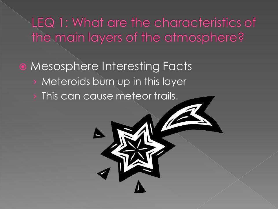  Mesosphere Interesting Facts › Meteroids burn up in this layer › This can cause meteor trails.