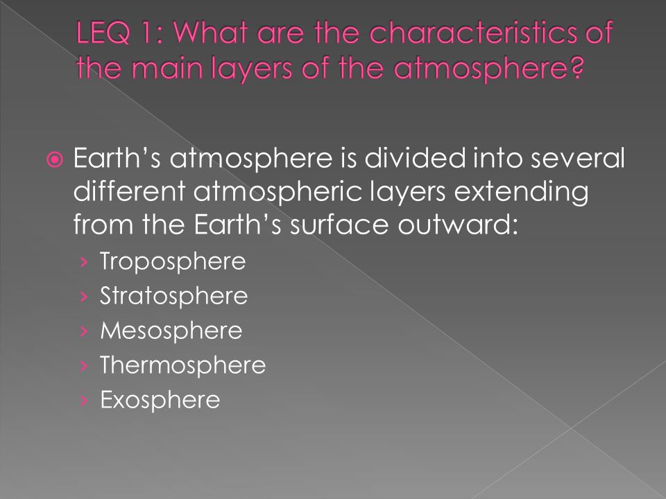  Earth’s atmosphere is divided into several different atmospheric layers extending from the Earth’s surface outward: › Troposphere › Stratosphere › Mesosphere › Thermosphere › Exosphere