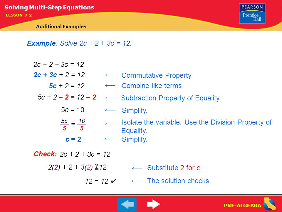 Multi Step Equations Pre Algebra Jennarocca Pre Algebra Lesson 7 2 Warm Up Solving Multi Step