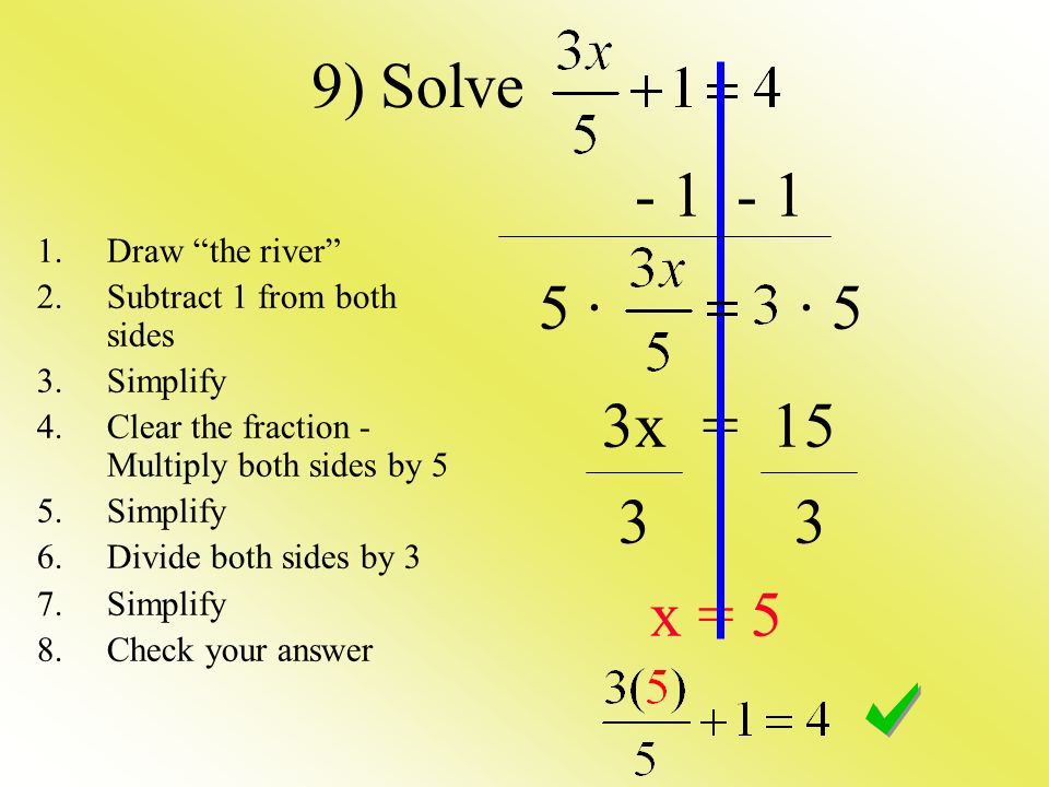 · · 5 3x = x = 5 9) Solve 1.Draw the river 2.Subtract 1 from both sides 3.Simplify 4.Clear the fraction - Multiply both sides by 5 5.Simplify 6.Divide both sides by 3 7.Simplify 8.Check your answer