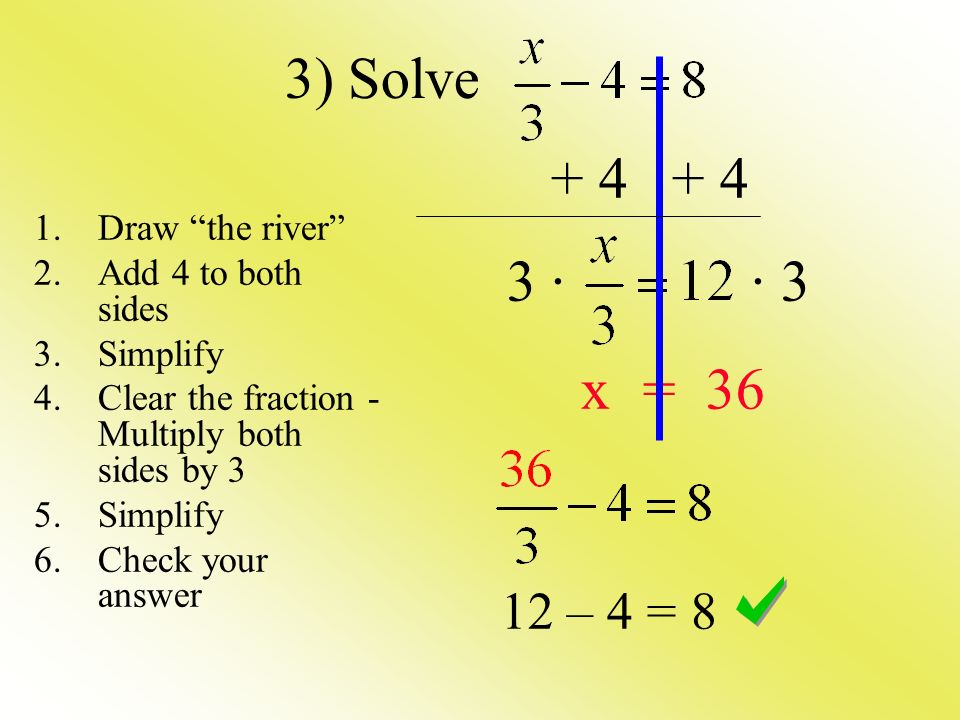 · · 3 x = – 4 = 8 3) Solve 1.Draw the river 2.Add 4 to both sides 3.Simplify 4.Clear the fraction - Multiply both sides by 3 5.Simplify 6.Check your answer