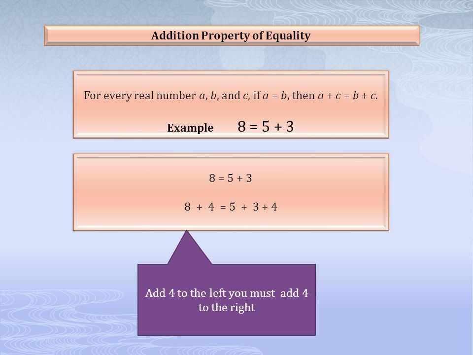 Addition Property of Equality For every real number a, b, and c, if a = b, then a + c = b + c.