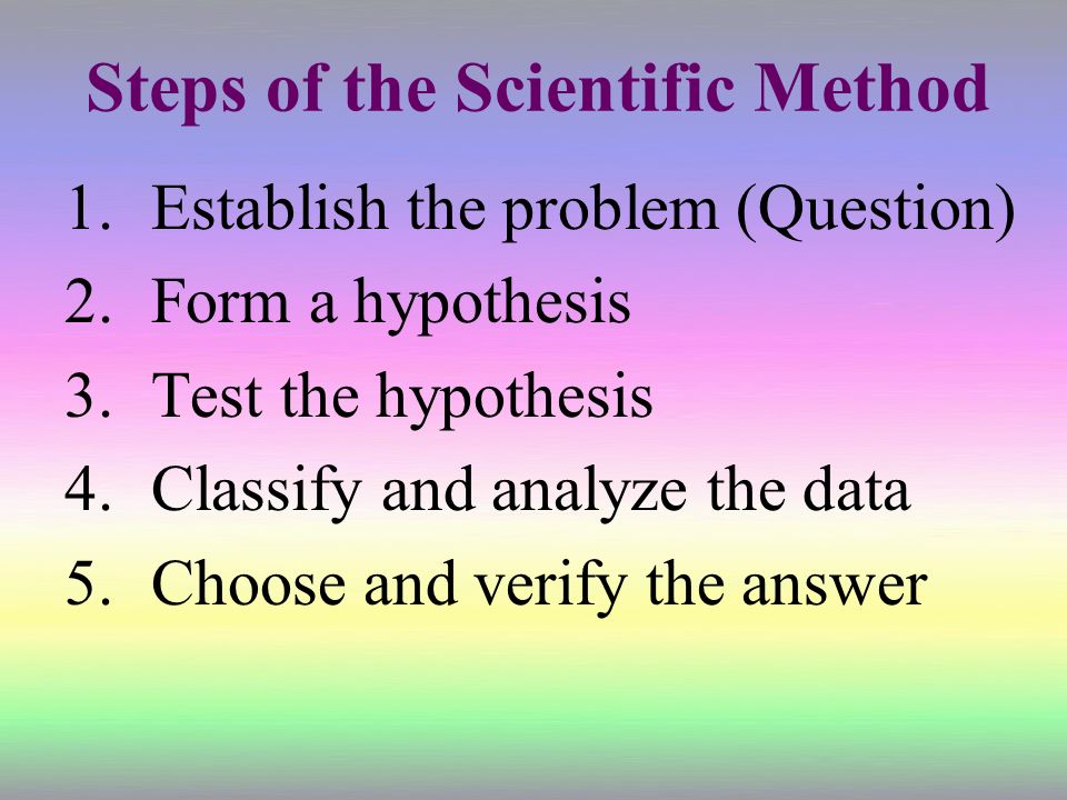 Steps of the Scientific Method 1.Establish the problem (Question) 2.Form a hypothesis 3.Test the hypothesis 4.Classify and analyze the data 5.Choose and verify the answer