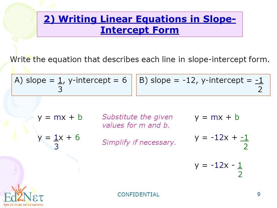confidential 1 algebra1 slope intercept form confidential 2 warm up write the slope intercept form of the equation of each line