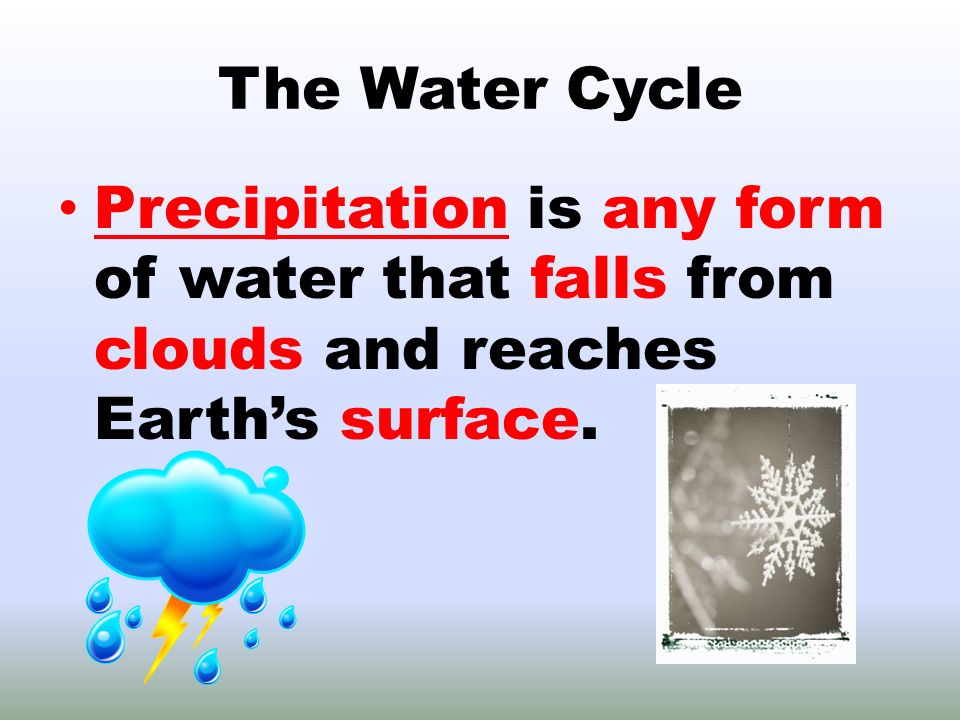 The Water Cycle Precipitation is any form of water that falls from clouds and reaches Earth’s surface.
