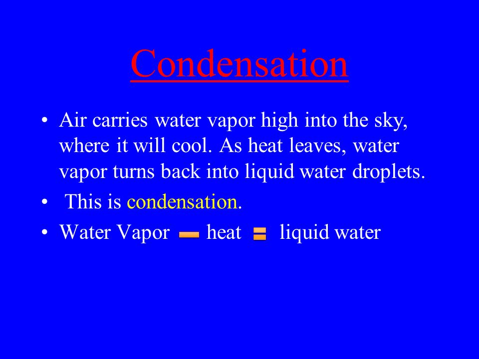 Evaporation Heat energy from the sun causes water in puddles, streams, rivers, seas or lakes to change from a liquid to water vapor.