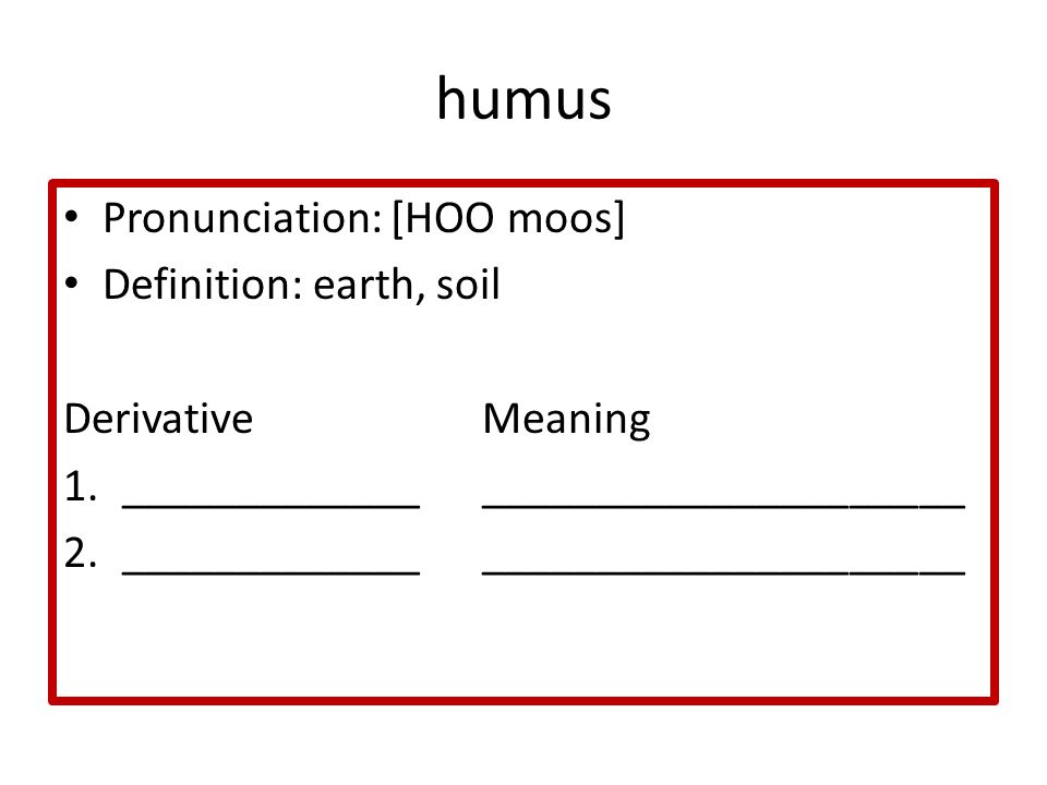 humus Pronunciation: [HOO moos] Definition: earth, soil DerivativeMeaning 1.__________________________________ 2.__________________________________