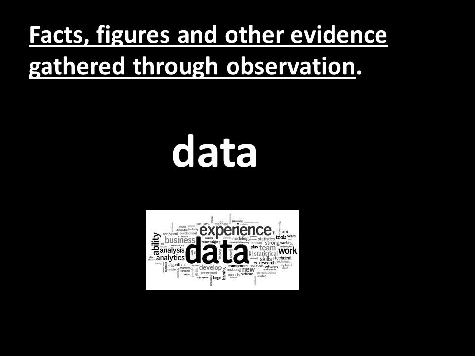Facts, figures and other evidence gathered through observation. data
