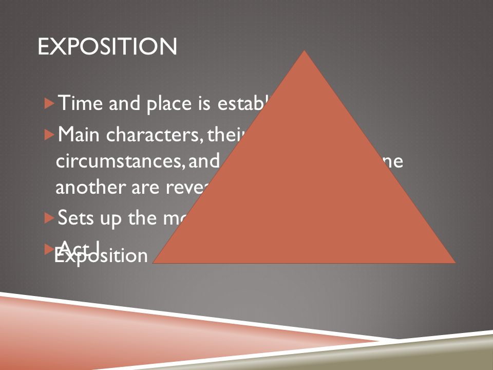 EXPOSITION  Time and place is established  Main characters, their positions, circumstances, and relationships to one another are revealed  Sets up the mood and conditions  Act I Exposition