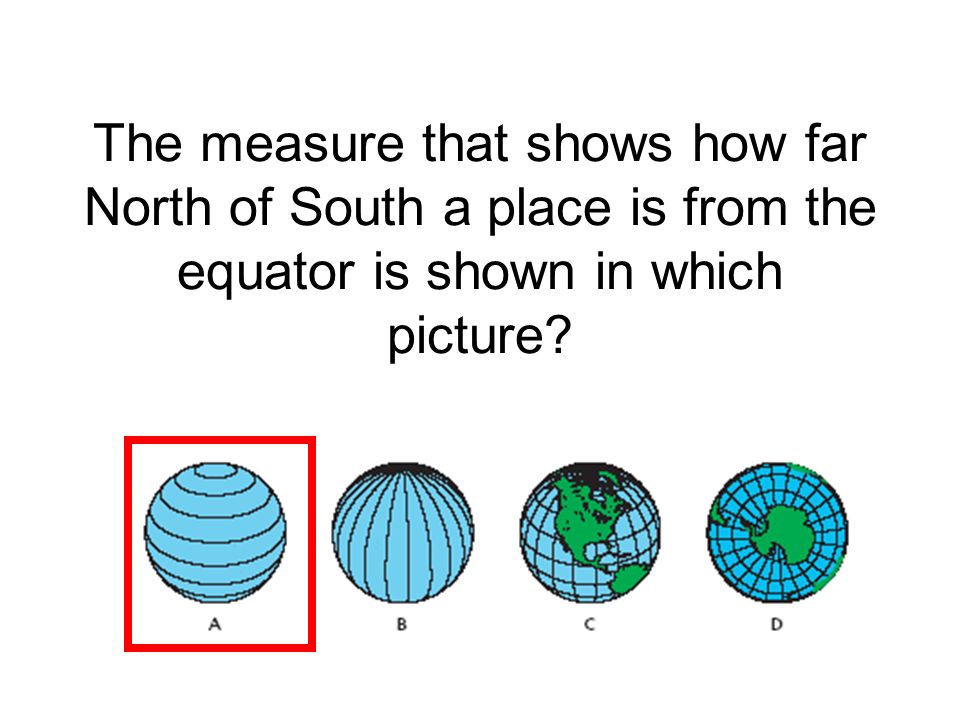 The measure that shows how far North of South a place is from the equator is shown in which picture