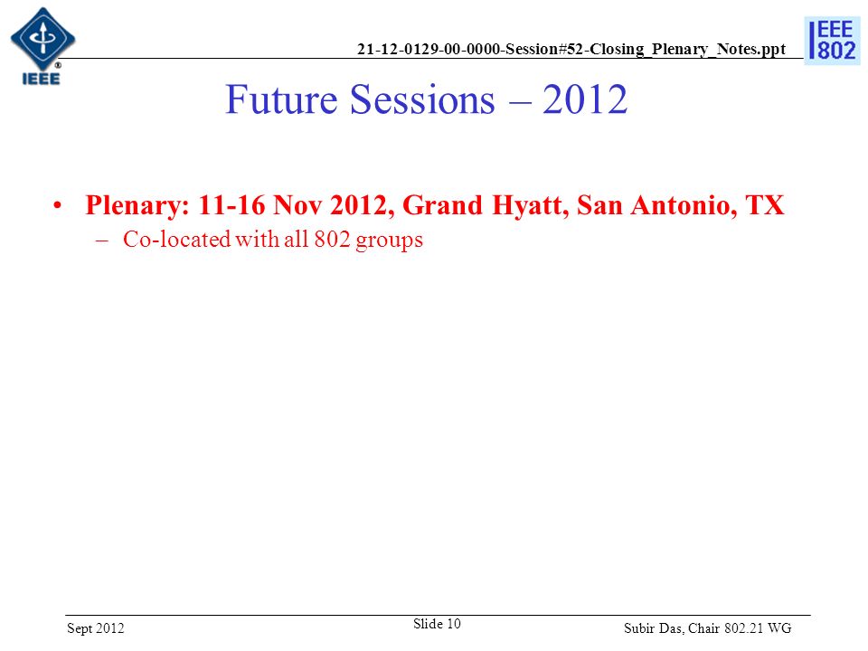 Session#52-Closing_Plenary_Notes.ppt Future Sessions – 2012 Plenary: Nov 2012, Grand Hyatt, San Antonio, TX –Co-located with all 802 groups Subir Das, Chair WG Sept 2012 Slide 10