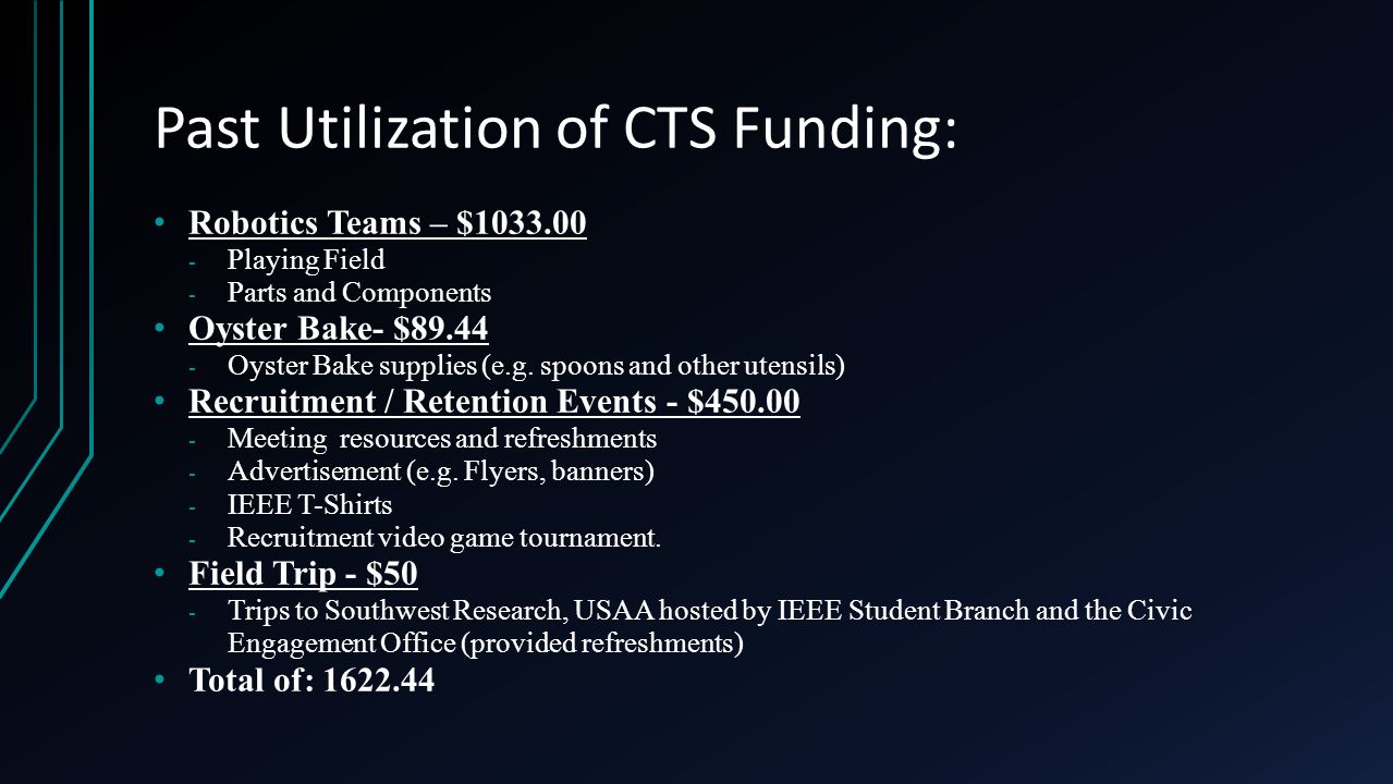 Past Utilization of CTS Funding: Robotics Teams – $ Playing Field - Parts and Components Oyster Bake- $ Oyster Bake supplies (e.g.