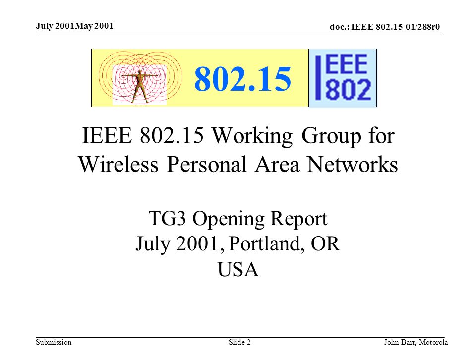 doc.: IEEE /288r0 Submission July 2001May 2001 John Barr, MotorolaSlide 2 IEEE Working Group for Wireless Personal Area Networks TG3 Opening Report July 2001, Portland, OR USA