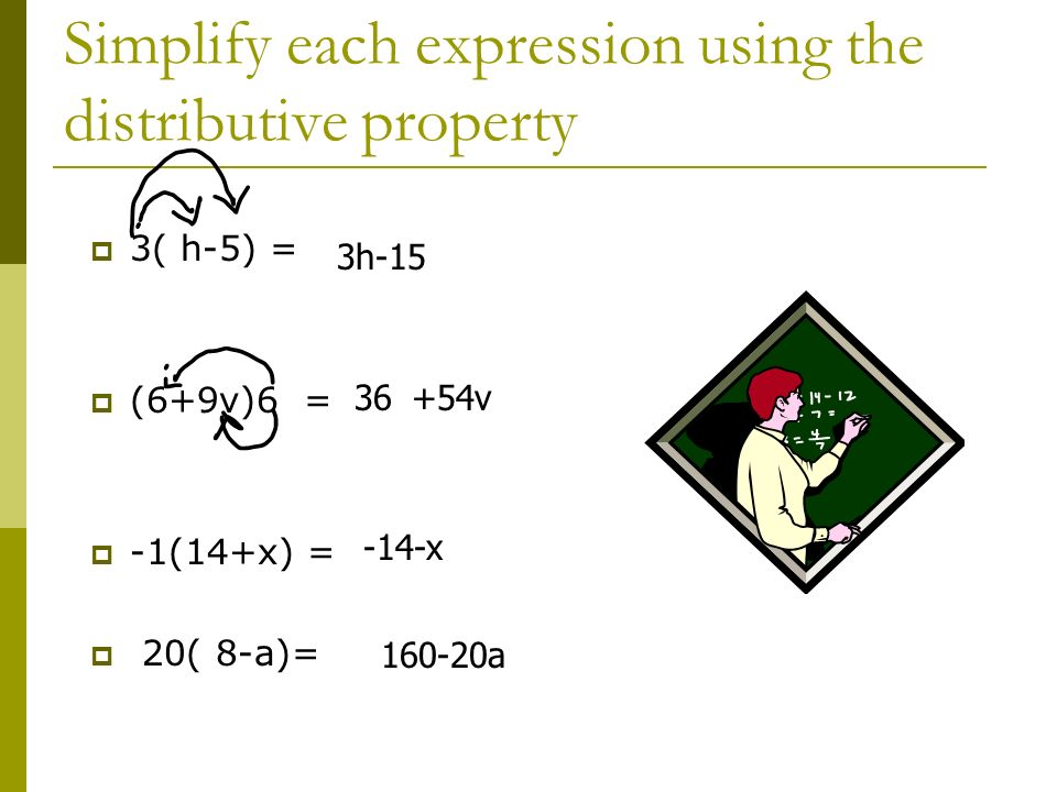 Simplify each expression using the distributive property  3( h-5) =  (6+9v)6 =  -1(14+x) =  20( 8-a)= 3h v -14-x a