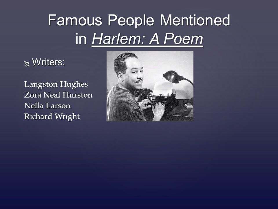  Writers: Langston Hughes Zora Neal Hurston Nella Larson Richard Wright Famous People Mentioned in Harlem: A Poem