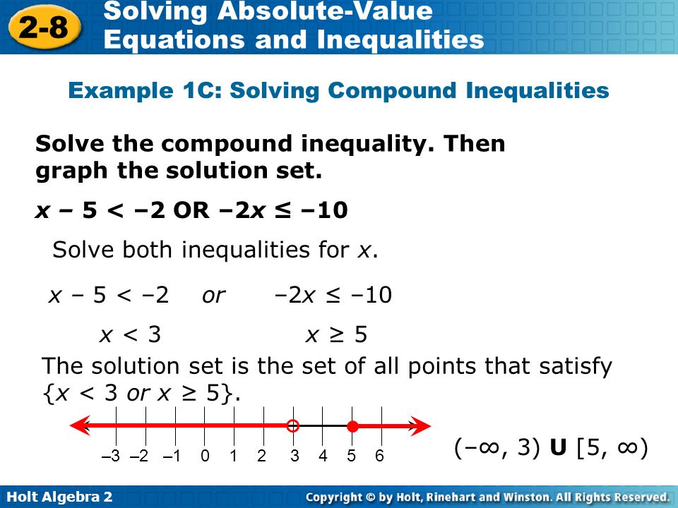Holt Algebra Solving Absolute Value Equations And Inequalities Holt Algebra 2 8 Solving Absolute Value Equations And Inequalities Example 1c