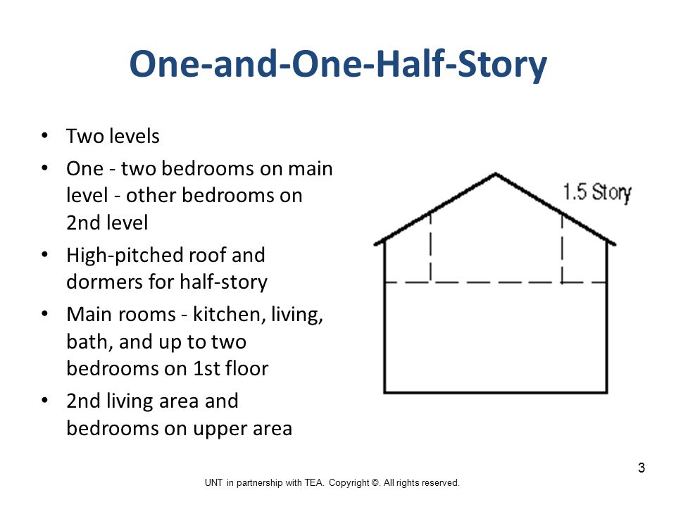 One-and-One-Half-Story Two levels One - two bedrooms on main level - other bedrooms on 2nd level High-pitched roof and dormers for half-story Main rooms - kitchen, living, bath, and up to two bedrooms on 1st floor 2nd living area and bedrooms on upper area 3 UNT in partnership with TEA.