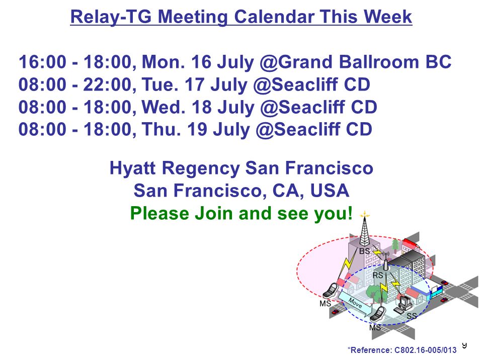 9 *Reference: C /013 Relay-TG Meeting Calendar This Week 16: :00, Mon.
