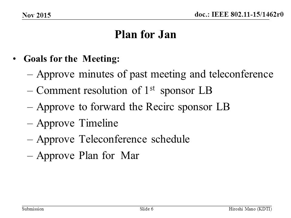 doc.: IEEE /1462r0 Submission Plan for Jan Goals for the Meeting: –Approve minutes of past meeting and teleconference –Comment resolution of 1 st sponsor LB –Approve to forward the Recirc sponsor LB –Approve Timeline –Approve Teleconference schedule –Approve Plan for Mar Nov 2015 Slide 6Hiroshi Mano (KDTI)