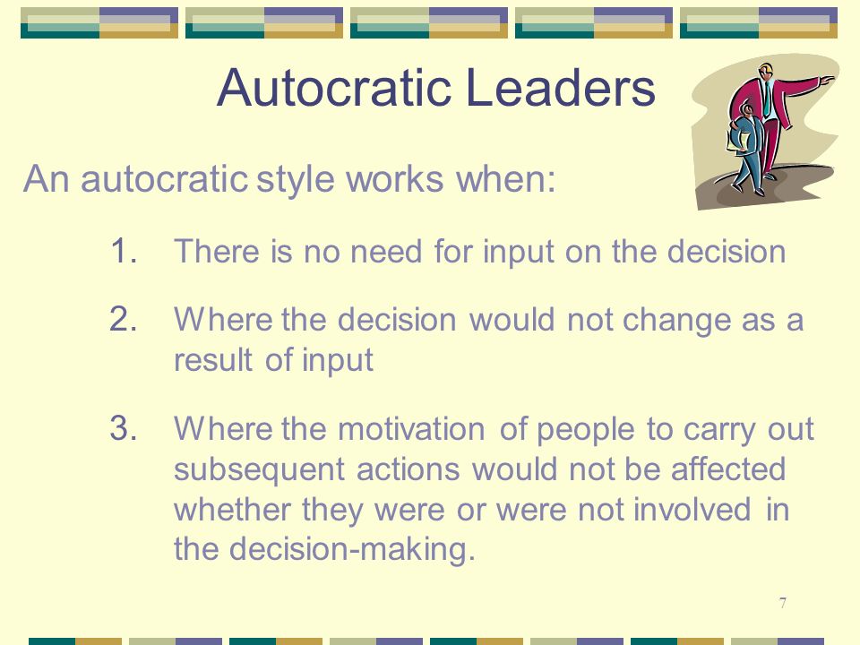 what is an autocratic leadership style Leadership style is the way a person uses power to lead other people research has identified a variety of leadership styles based on the number of followers. what is an autocratic leadership style Leadership style is the way a person uses power to lead other people research has identified a variety of leadership styles based on the number of followers.