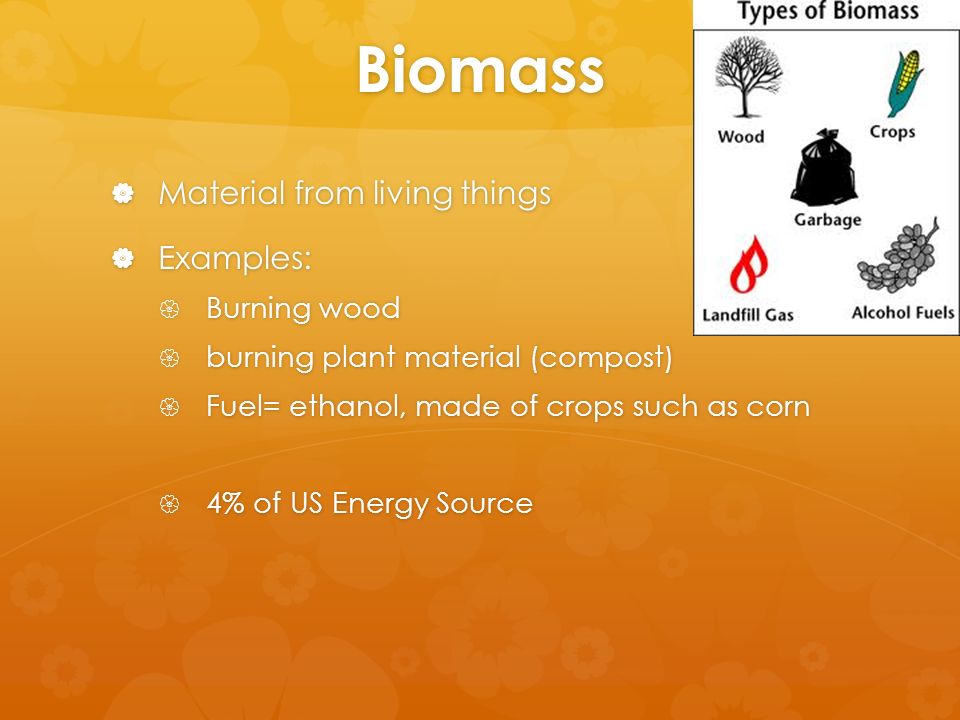 Biomass  Material from living things  Examples:  Burning wood  burning plant material (compost)  Fuel= ethanol, made of crops such as corn  4% of US Energy Source