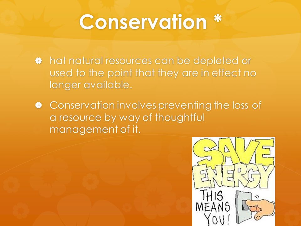 Conservation *  hat natural resources can be depleted or used to the point that they are in effect no longer available.
