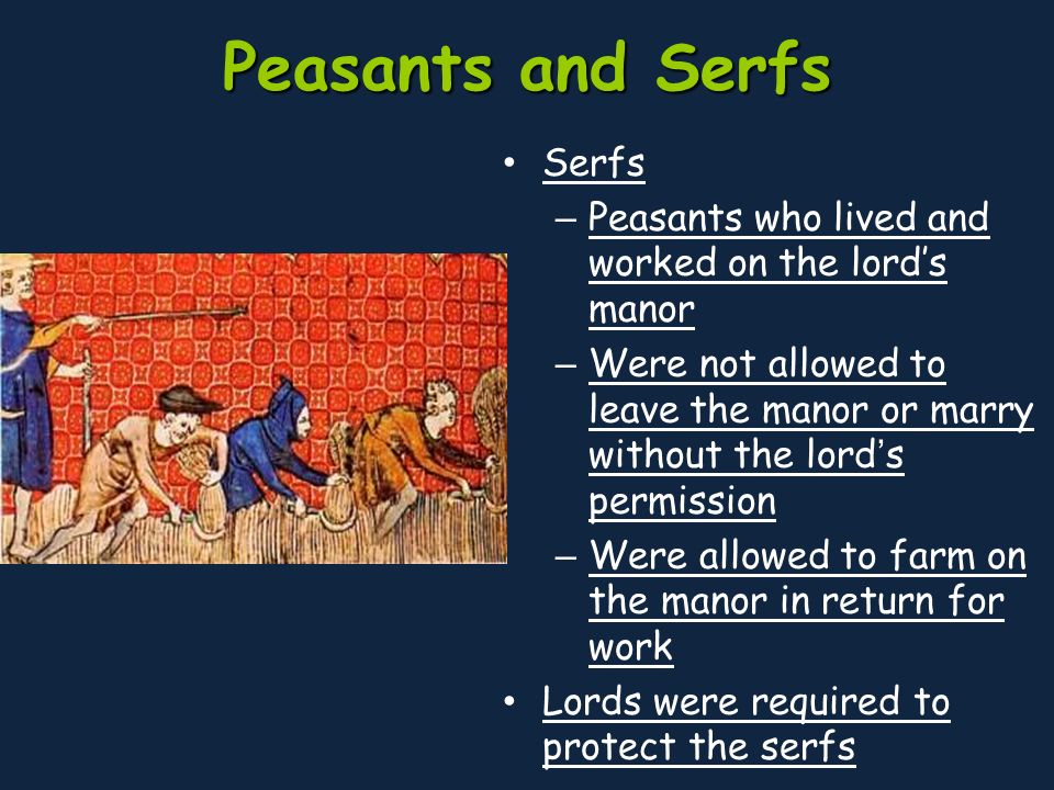 Peasants and Serfs Serfs – Peasants who lived and worked on the lord’s manor – Were not allowed to leave the manor or marry without the lord’s permission – Were allowed to farm on the manor in return for work Lords were required to protect the serfs