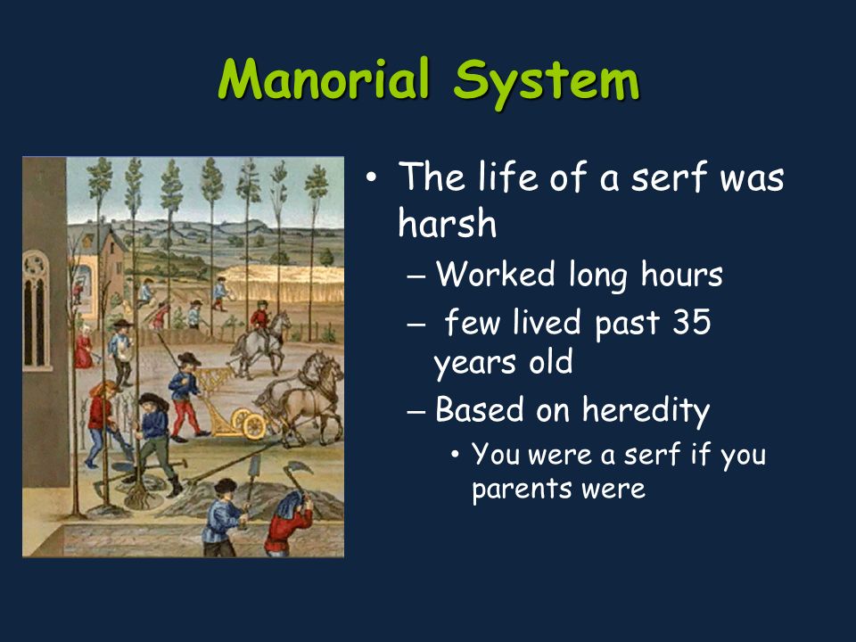 Manorial System The life of a serf was harsh – Worked long hours – few lived past 35 years old – Based on heredity You were a serf if you parents were