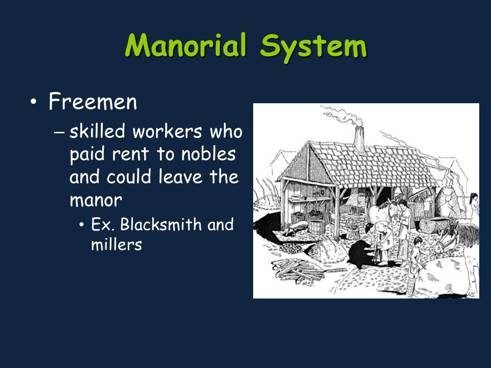 Manorial System Freemen – skilled workers who paid rent to nobles and could leave the manor Ex.
