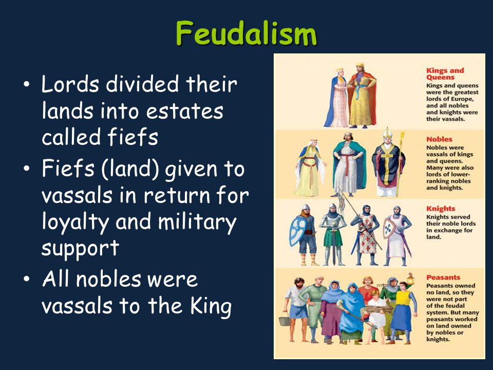 Feudalism Lords divided their lands into estates called fiefs Fiefs (land) given to vassals in return for loyalty and military support All nobles were vassals to the King