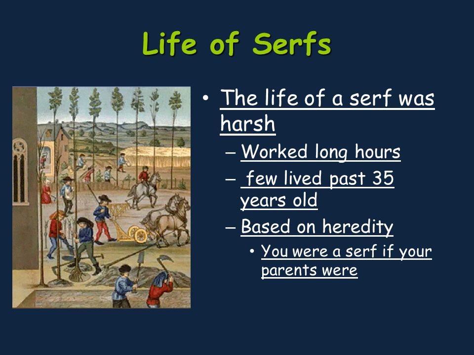 Life of Serfs The life of a serf was harsh – Worked long hours – few lived past 35 years old – Based on heredity You were a serf if your parents were