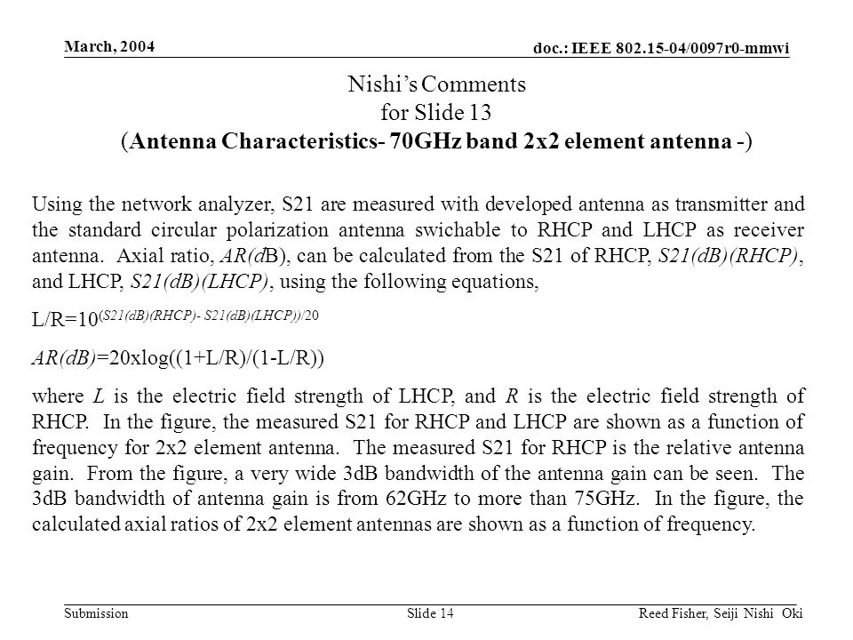 doc.: IEEE /0097r0-mmwi Submission March, 2004 Reed Fisher, Seiji Nishi OkiSlide 14 Nishi’s Comments for Slide 13 (Antenna Characteristics- 70GHz band 2x2 element antenna -) Using the network analyzer, S21 are measured with developed antenna as transmitter and the standard circular polarization antenna swichable to RHCP and LHCP as receiver antenna.