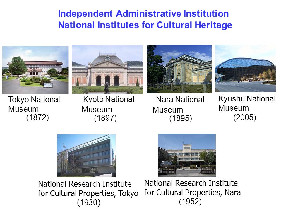 Tokyo National Museum (1872) Kyoto National Museum (1897) Independent Administrative Institution National Institutes for Cultural Heritage National Research Institute for Cultural Properties, Tokyo (1930) Kyushu National Museum (2005) Nara National Museum (1895) National Research Institute for Cultural Properties, Nara (1952)