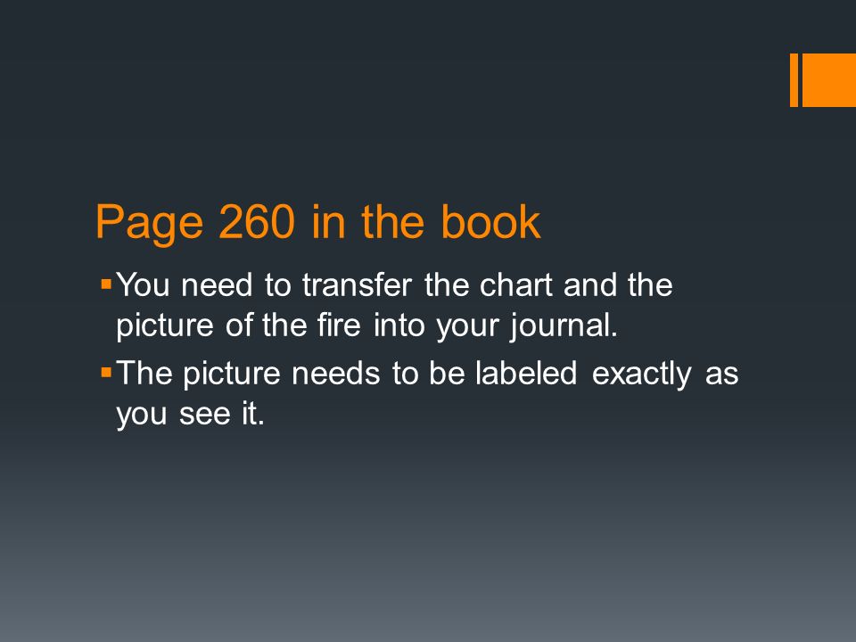 Page 260 in the book  You need to transfer the chart and the picture of the fire into your journal.
