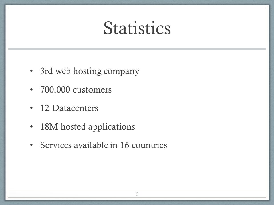 Statistics 3rd web hosting company 700,000 customers 12 Datacenters 18M hosted applications Services available in 16 countries 3