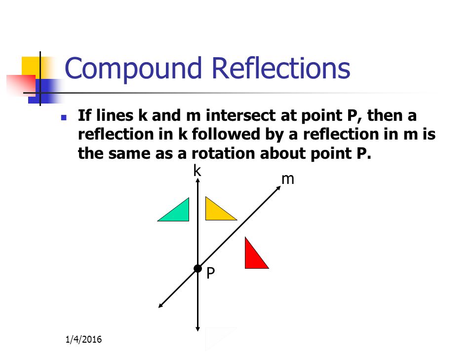 1/4/2016 Compound Reflections If lines k and m intersect at point P, then a reflection in k followed by a reflection in m is the same as a rotation about point P.