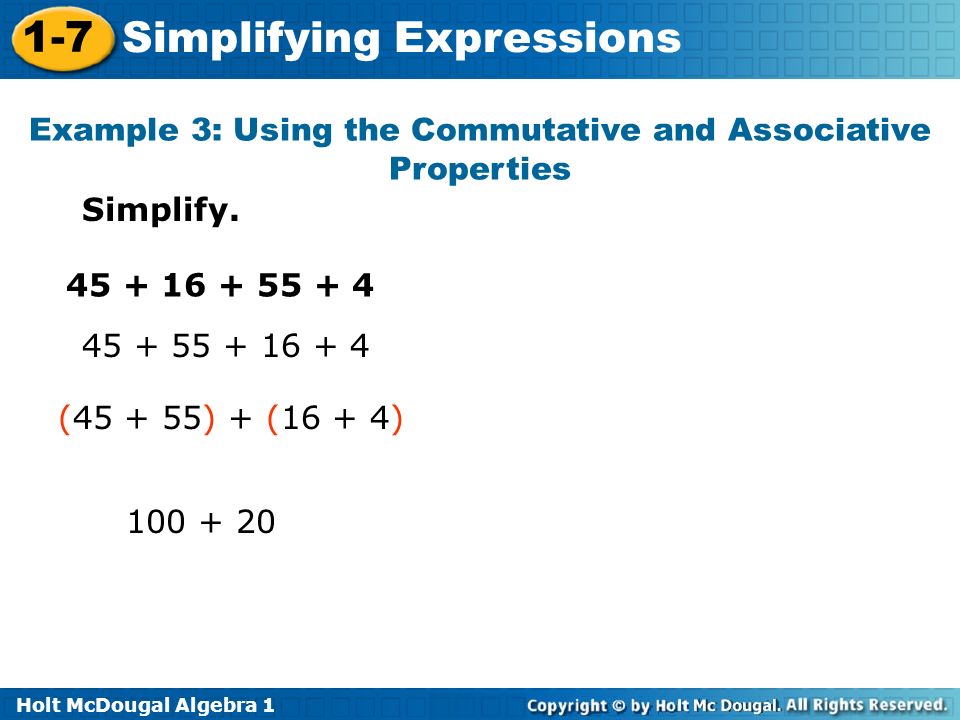 Holt McDougal Algebra Simplifying Expressions Simplify.