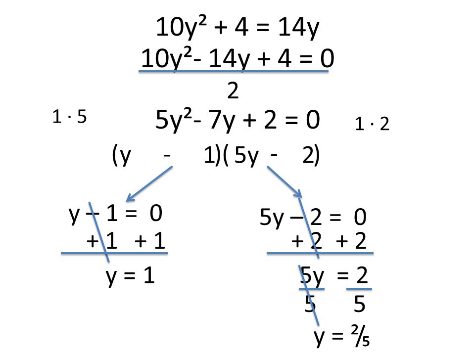 10y² + 4 = 14y 10y²- 14y + 4 = 0 5y²- 7y + 2 = 0 2 ( )( )y 5y 1 · y – 1 = 0 5y – 2 = y = 15y = 2 55 y = ²/₅ 1 · 5