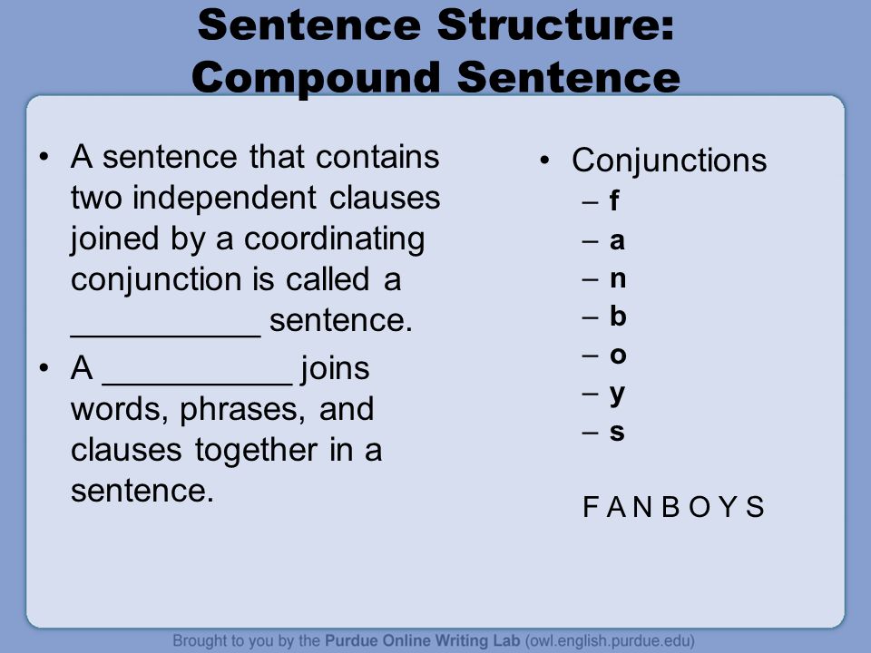 Sentence Structure: Compound Sentence A sentence that contains two independent clauses joined by a coordinating conjunction is called a __________ sentence.