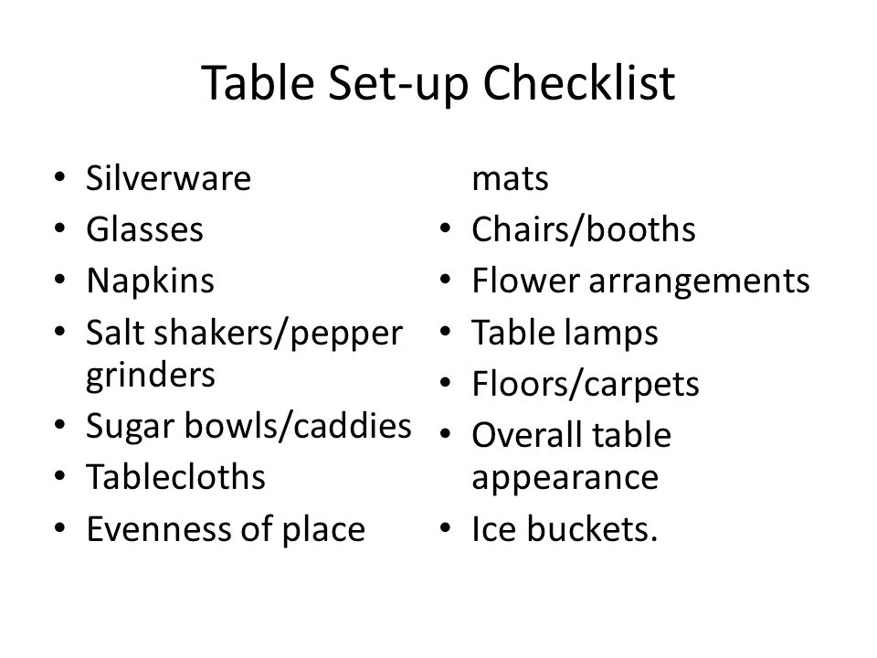 Chapter 15, Section 2. Table Set-up Checklist Silverware Glasses ... Chapter 15, Section 2. Table Set-up Checklist Silverware Glasses ...