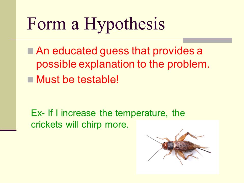 Form a Hypothesis An educated guess that provides a possible explanation to the problem.