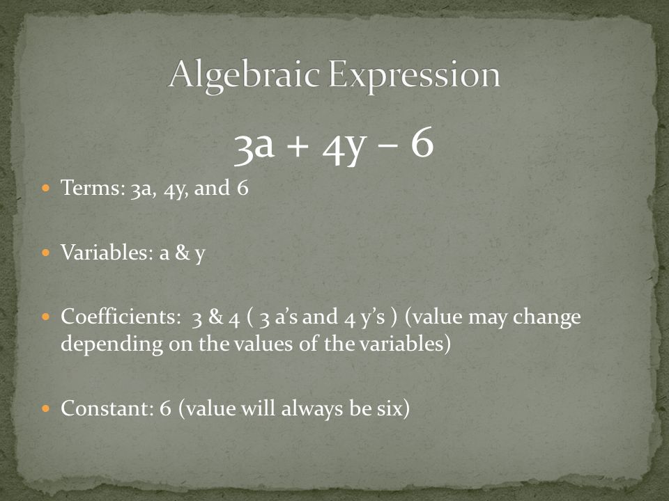 3a + 4y – 6 Terms: 3a, 4y, and 6 Variables: a & y Coefficients: 3 & 4 ( 3 a’s and 4 y’s ) (value may change depending on the values of the variables) Constant: 6 (value will always be six)