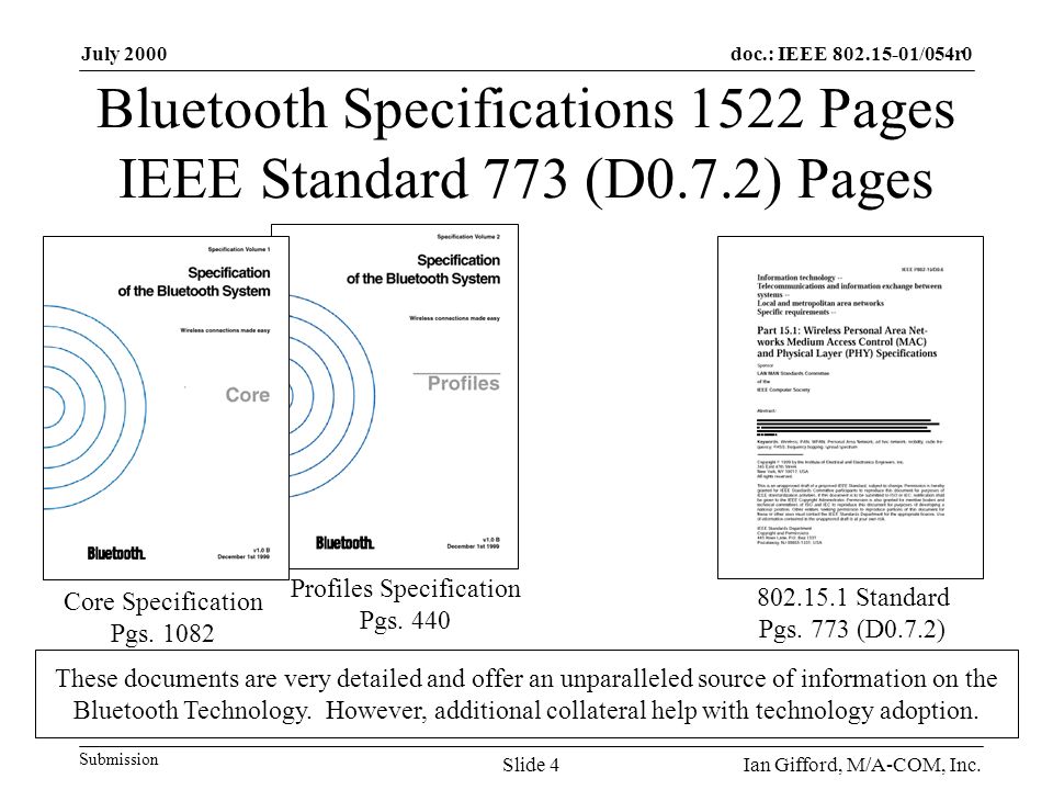 doc.: IEEE /054r0 Submission July 2000 Ian Gifford, M/A-COM, Inc.Slide 4 Bluetooth Specifications 1522 Pages IEEE Standard 773 (D0.7.2) Pages Core Specification Pgs.