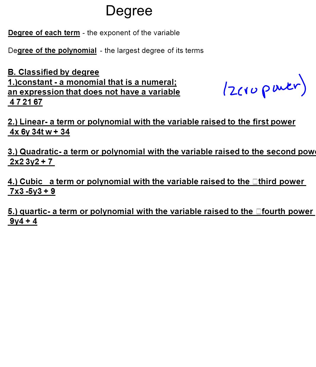 worksheet Degree Of Monomial polynomial definitions al gebraic expression numbers andor 4 degree