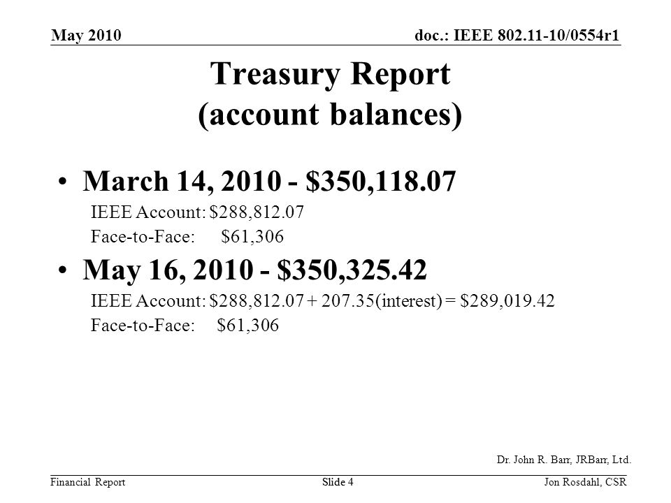 doc.: IEEE /0554r1 Financial Report May 2010 Jon Rosdahl, CSRSlide 4 Dr.