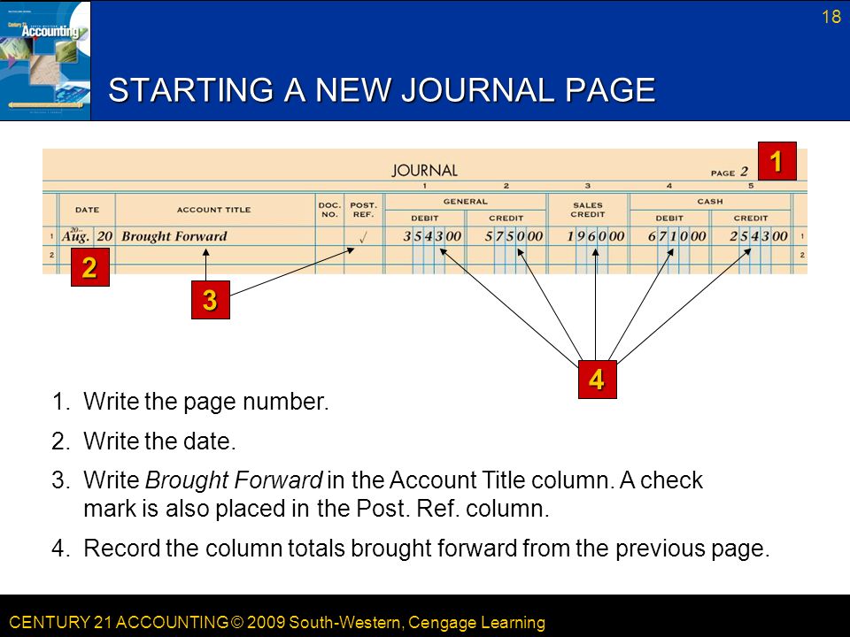 CENTURY 21 ACCOUNTING © 2009 South-Western, Cengage Learning 18 STARTING A NEW JOURNAL PAGE Write the page number.