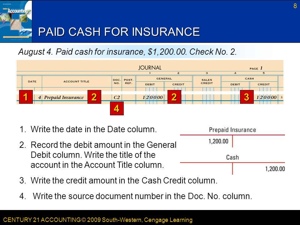 CENTURY 21 ACCOUNTING © 2009 South-Western, Cengage Learning 8 PAID CASH FOR INSURANCE August 4.