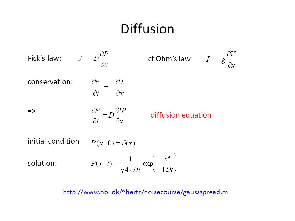 Lecture 4 Diffusion And The Fokker Planck Equation Outline 12 Diffusion Fick S Law Cf Ohm Conservation Equation Initial Condition Solution Http Www Nbi Dk Hertz Noisecourse Gaussspread M