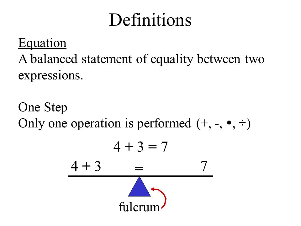 Definitions Equation A balanced statement of equality between two expressions.